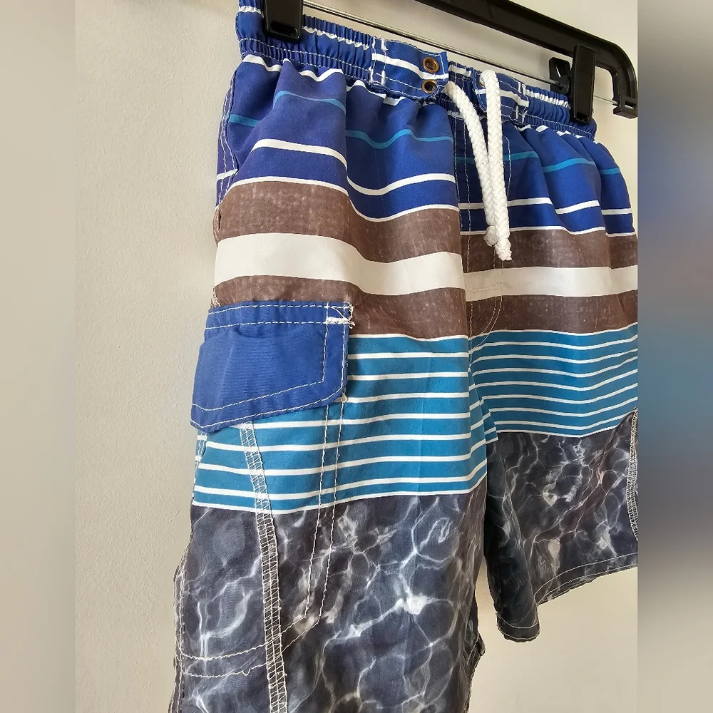 3T Quad Seven blue, gray and white swim trunks Vacation Spring Break beach shore